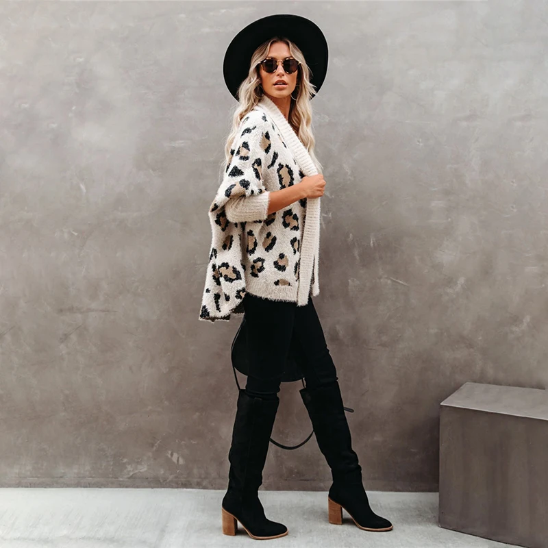 

Printed Fashion Sweater 2021 Autumn and Winter New Women's Knitted Sweater Three-color Leopard Sweater Cardigan Streetwear