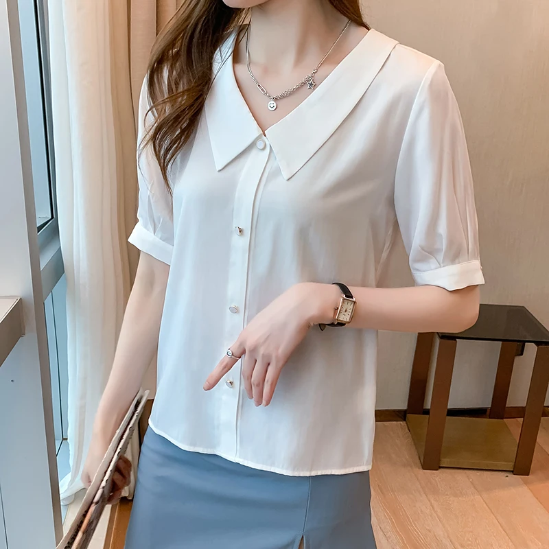 

Uulutonica Summer Women Elegant Fashion Office Lady Solid Peter Pan Collar Button Chiffon Dress Shirts