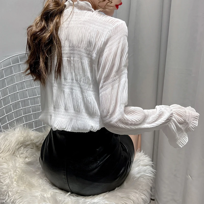 

Women Flare Sleeve Half Turtleneck Blouses 2021 Spring Autumn Long Sleeve Lace Patchwork Chiffon Shirt Female Pleated Blusas Top
