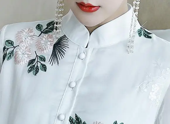 

Spring Summer Vintage Womens Mandarin Collar 3/4 Sleeve White Embroidery Cheongsam Dress , Woman White Chipao Dresses
