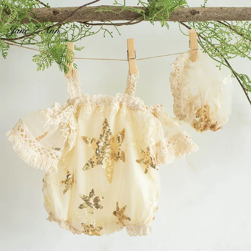 

Jane Z Ann Newborn Clothes Lace off-Shoulder Small Strap Baby Clothes with hat studio shooting accessories