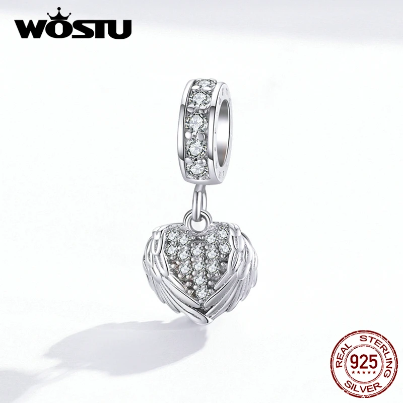 WOSTU 925 Стерлинговое серебро крыло сердца бусины CZ камень Эмаль Шарм Подходит