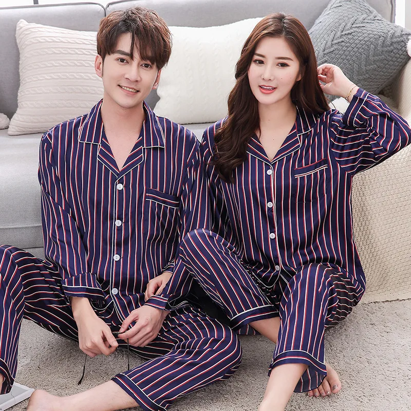 

Couple Pajama Sets Silk Satin Striped Sleepwear His-and-her Home Suit Pyjama For Lover Man Woman Lovers' Clothes adult