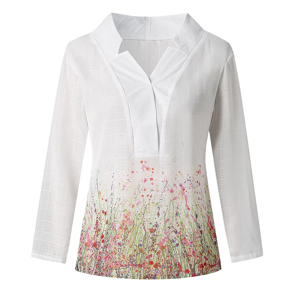 Женская льняная блузка с длинным рукавом V образным вырезом и цветочным