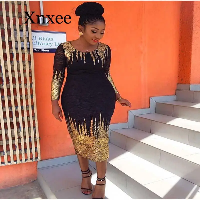 

African Sexy Sequined Women Summer Dress Gold Slim Full Sleeve O Neck Bodycon Dresses Maxi Long Skinny Vestidos Club Party Night