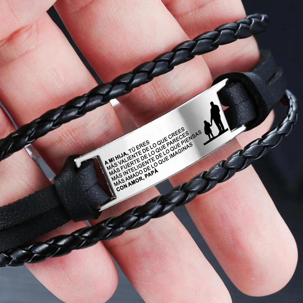 Испанский испанский для моей дочери Hija от папы отца Пачука, плетеный браслет ручной работы, кожаные браслеты из нержавеющей стали с гравировкой, бразильский