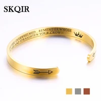 engraved straighten inspirational bracelet men gold plated stainless steel crown letter women wife bangle bracelet model 2020