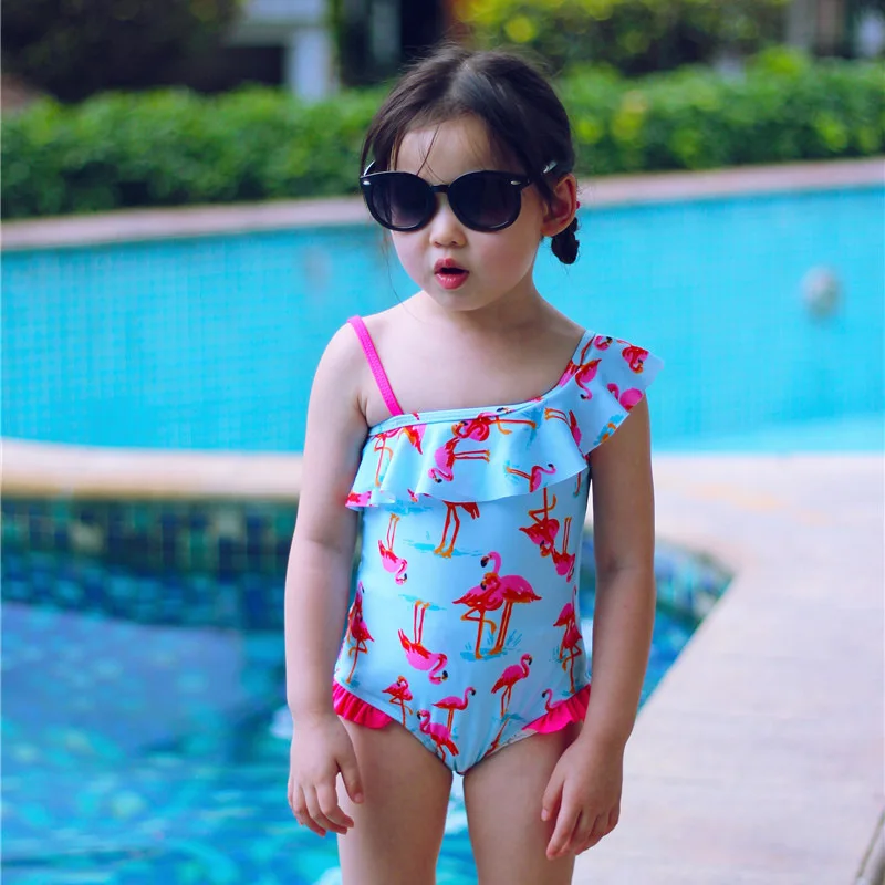 Girls Swimsuit Light Blue with Flamingos Pattern Kids One Piece Swimwear Baby Bathing Suit Children Summer Beach Wear |