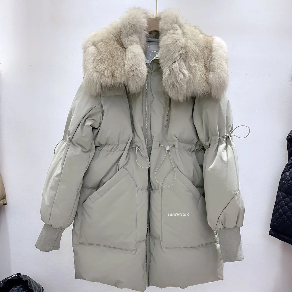 

2021 New Winter Natural Big Fox Fur Collar White Duck Dowm Coat Women Long Thick Warm Down Parkas Snow Jacket Female Outwear