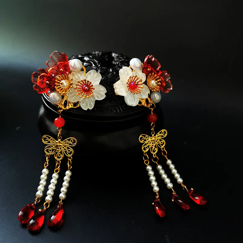 

2 pcs Vintage Flower Tassel Flower Hairpin Hair Clip Ancient Chinese Hair Girl Pearl Wedding Hair Jewelry Cat eyes Hair clip