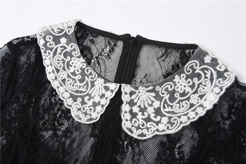 

See Though Black Lace Dress for Women 2021 Summer New Cute Princess Dress Short Sleeve Peter Pan Collar Mini Dress Vestidos