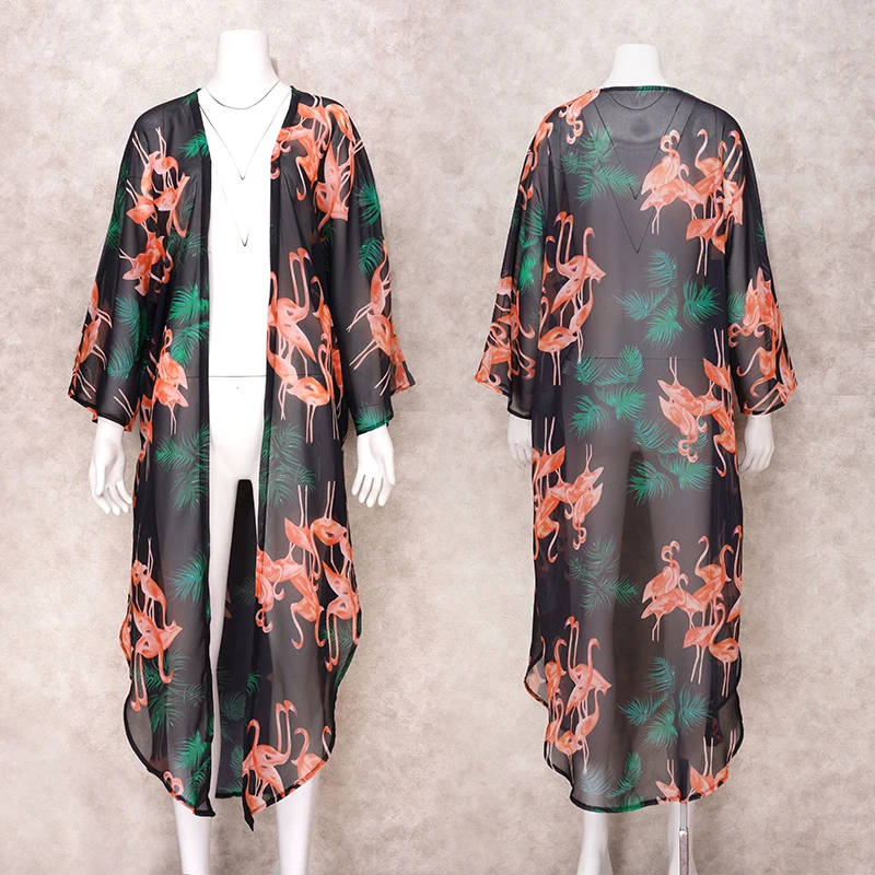 Шифоновая накидка для бикини в стиле бохо с принтом зеленых фламинго 2021 пляжная