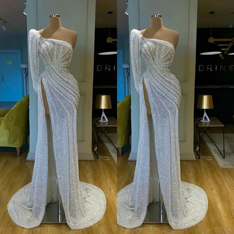

Fashion Silver One Shoulder Prom Dresses Mermaid Evening Gown Glitter Tulle Beaded Formal Dress Zipper Back Arabic Evening Dress