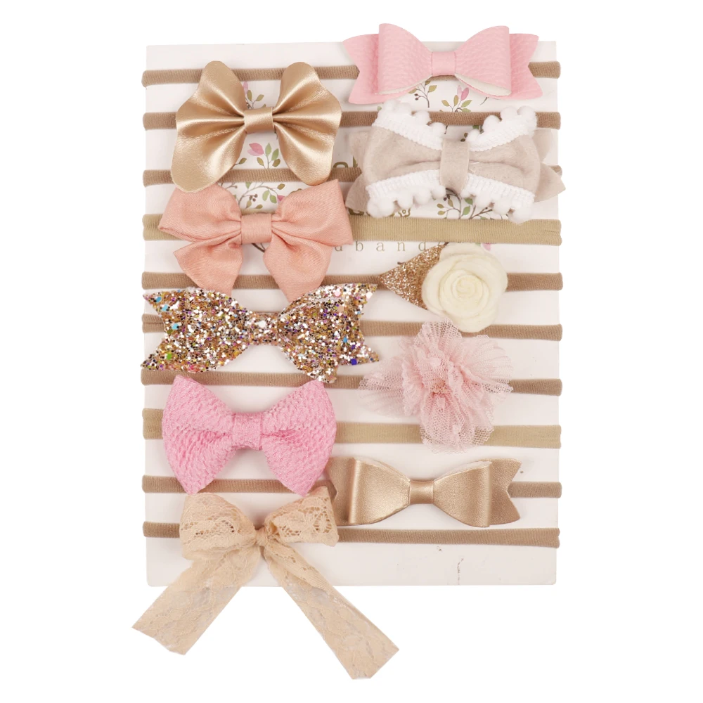

10 Pcs/Lot Nylon Headbands for Baby Girls Glitter/Leather Bowknot Hairbands for Kids Handmade Boutique Hair Accessories