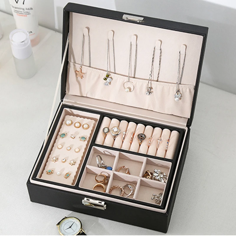 

New Microfiber Leather Jewelry Box Double-Layer Wood With Earrings Tray Jewelry Box Princess Jewelry Storage Box Cosmetic Case