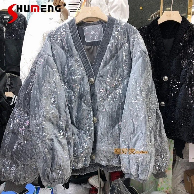 

Женский пуховик с блестками, свободная теплая однобортная куртка на белом утином пуху с V-образным вырезом, модная уличная одежда в Корейско...