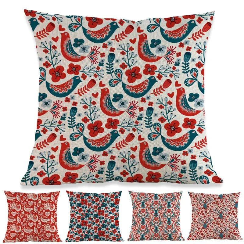 

Scandinavian Style Floral Birds Deers Red blue Pattern Christmas Throw Pillow Case Home Sofa Kid's Room Decorative Cushion Cover