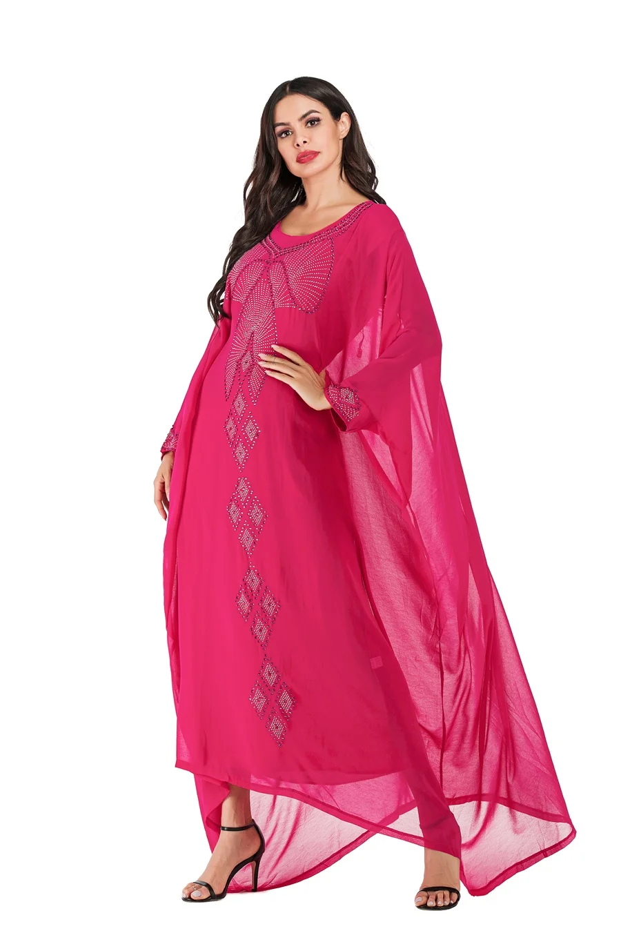 Siskakia Vintage Ethnic Abaya Dress Fashion Batwing Sleeve O Neck Hot Fix Rhinestone Dressing Gowns Rose Red Plus Size for Women