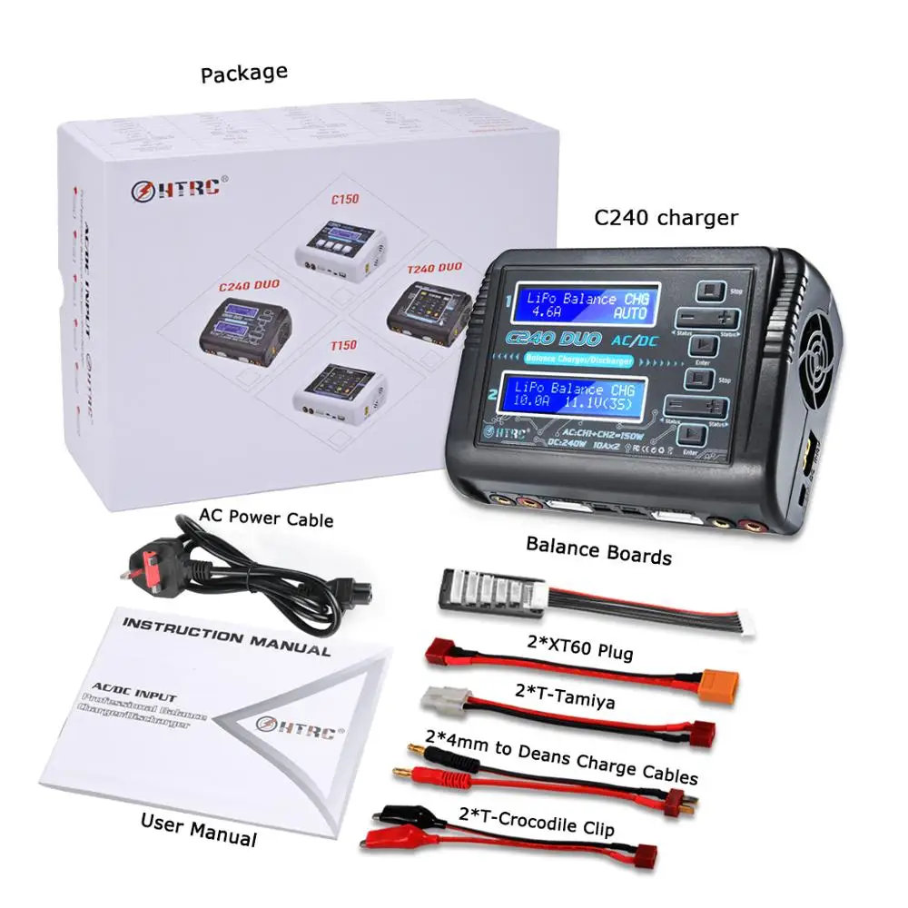 

HTRC T240 C240 Lipo Charger Dual Channel AC 150W DC 240W Touch Screen Balance Charger Discharger C150 T150 For RC Models Toys