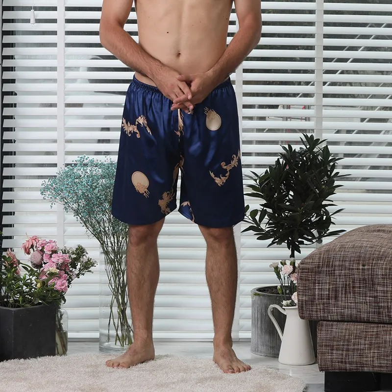 Mens Sleep Bottoms Sleepwear Men Underwear Imitation Silk Satin Shorts Fashion Print Nightwear