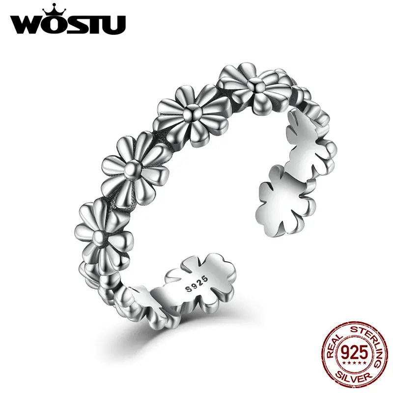 WOSTU, настоящее 925 пробы, серебряное, винтажное, стекируемые ромашки, открытые, кольца на палец для женщин и мужчин, фирменное кольцо, хорошее ювелирное изделие CSR046