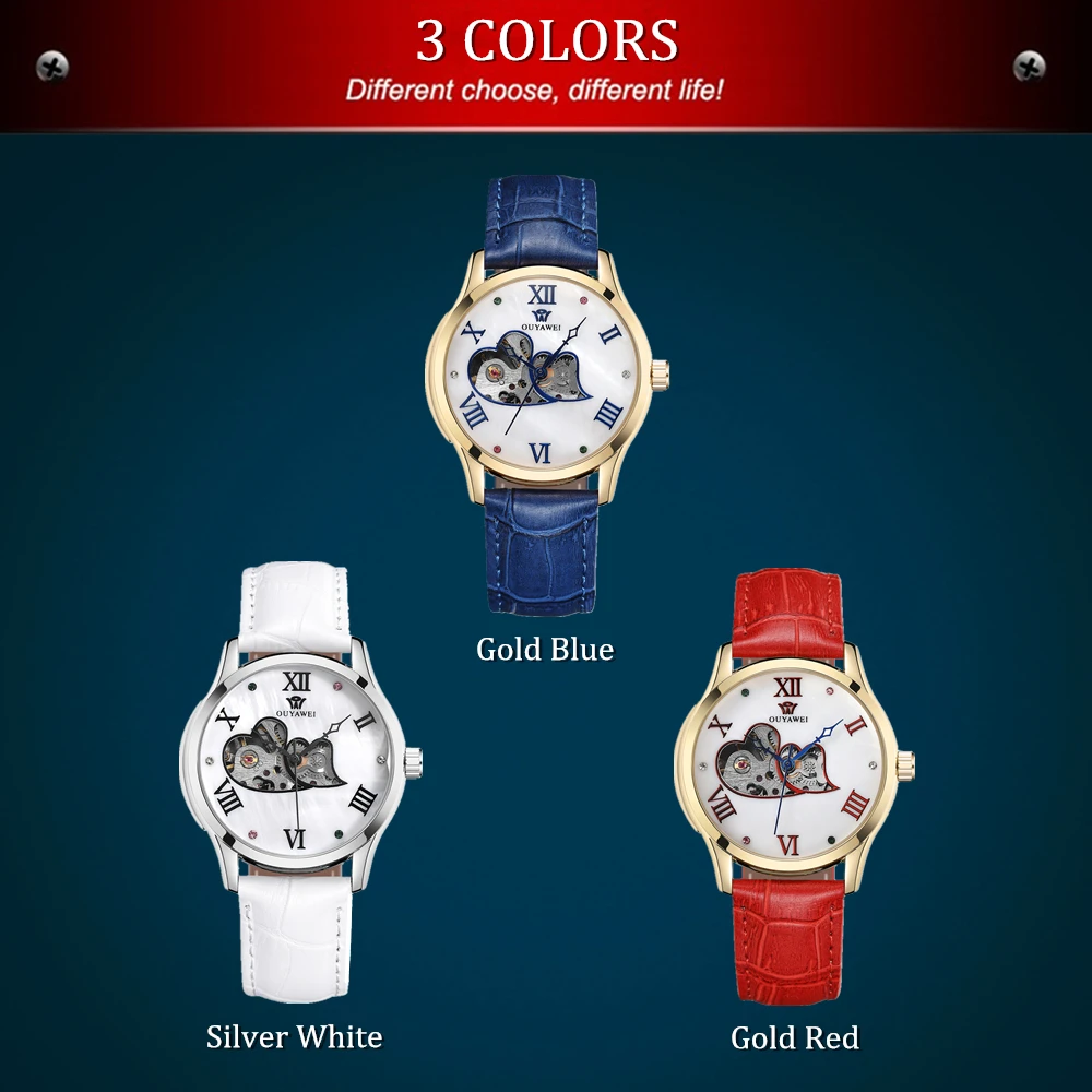 

NEW OUYAWEI Fashion Luxury Female Watch Blue Leather Band Women Mechanical Watch Skeleton Gold Case Wristwatches Relojes Mujeres