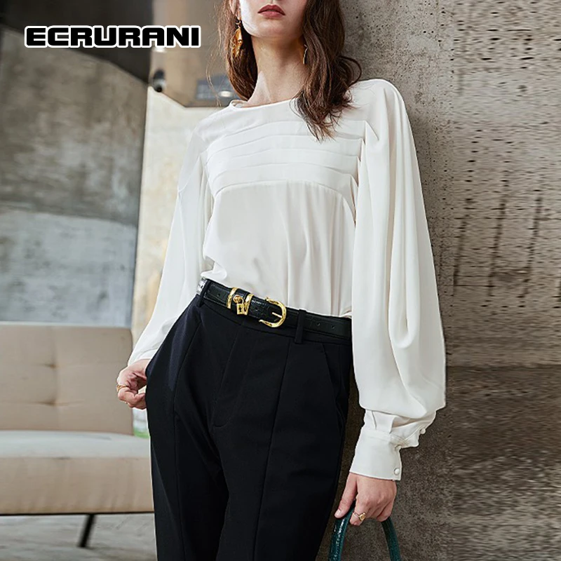 

Белые Повседневные рубашки ECRURANI на пуговицах для женщин, свободные блузки с круглым вырезом и длинным рукавом, женская осенняя одежда, нови...