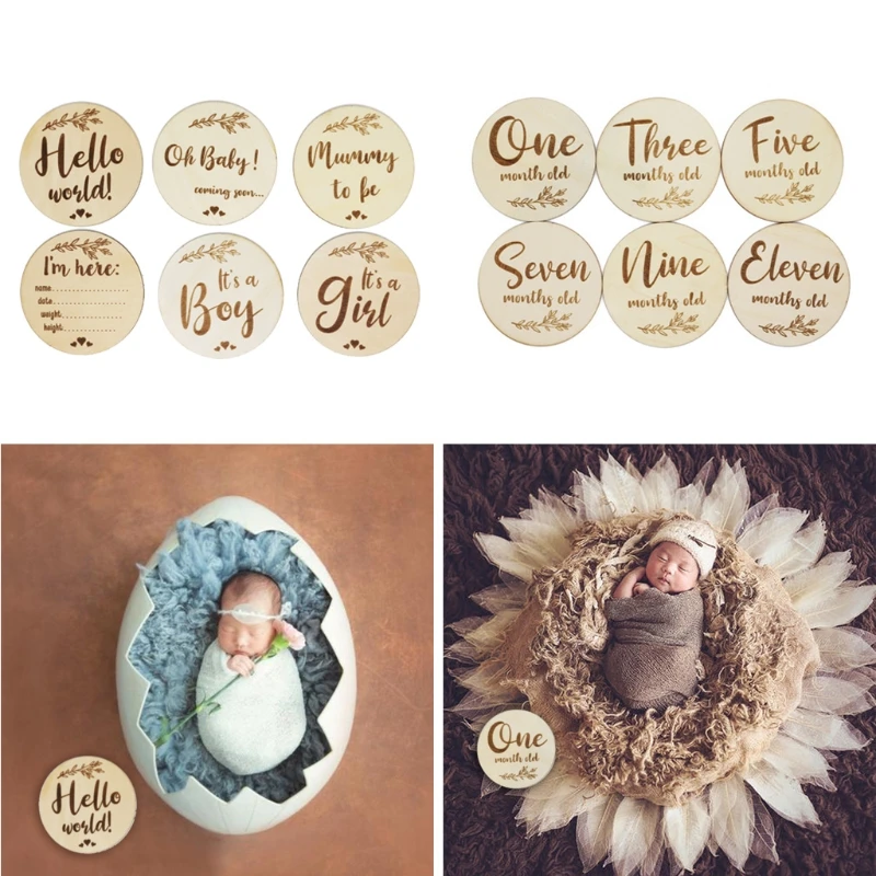 

12pcs Wooden Baby Month Milestone Card Newborn Birth Month Birthday Milestone Wooden Teether Baby Kids Photography Props Toy