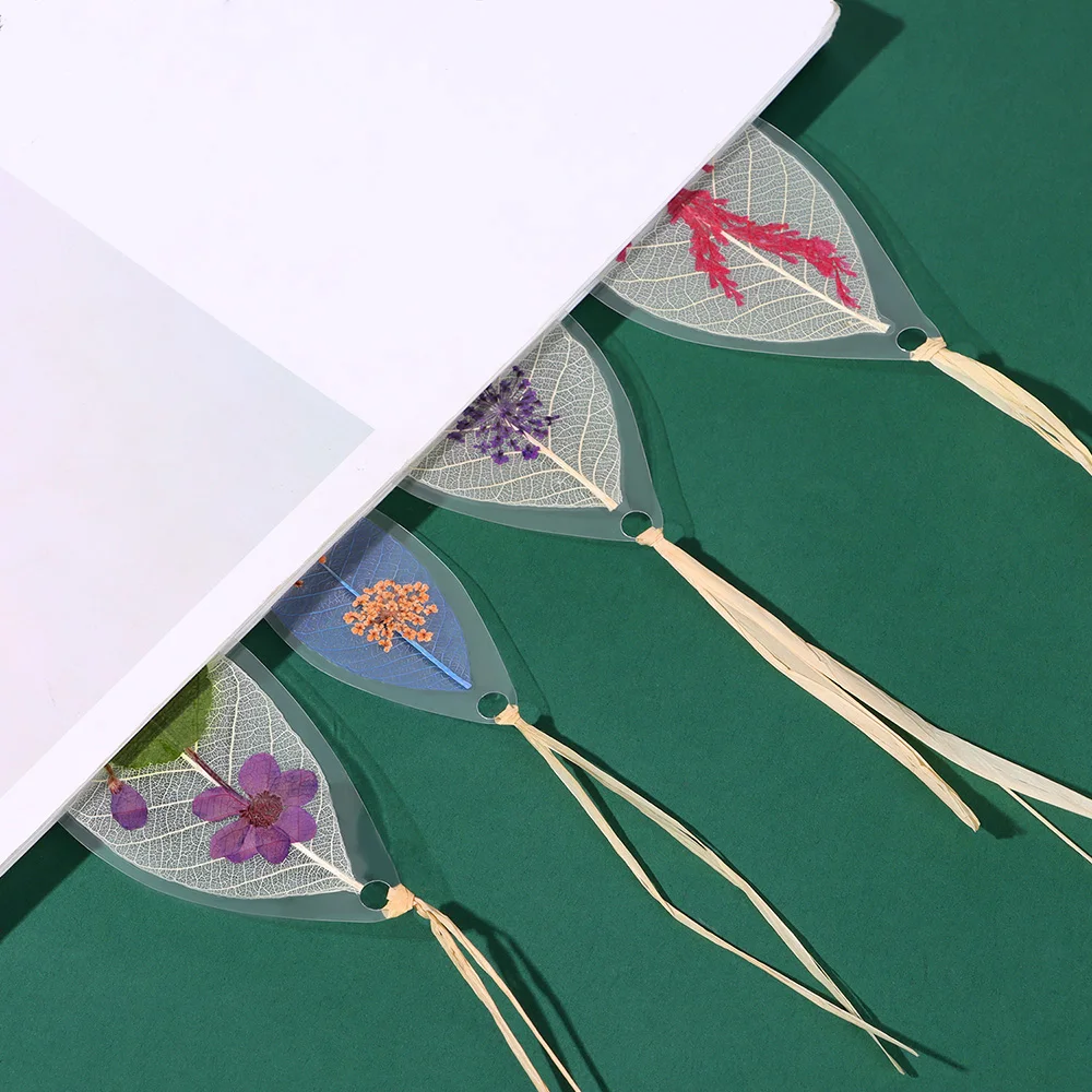 

Leaf Shaped Dried Flowers Bookmark Transparent Leaf Vein Pressed Floral Reading Page Markers Book Stopper with Raffia Tassel