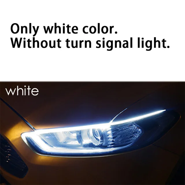 Only white 2x Ультратонкие светодиодные DRL 30 45 60 см дневные ходовые огни Гибкая мягкая трубка направляющая автомобильная светодиодная лента белый сигнал поворота желтый Водонепроницаемый - Цвет: Only white