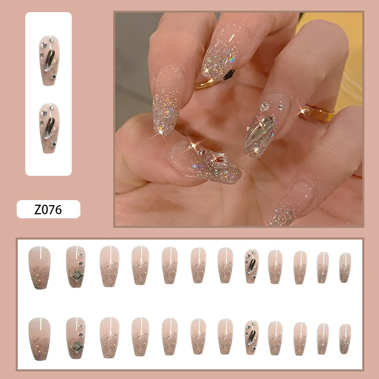 

24pcs Rhinestone Inlaid Nail Patch Shiny Glue Type Removable Long Paragraph Fashion Manicure Save Time False Nail Patch NE
