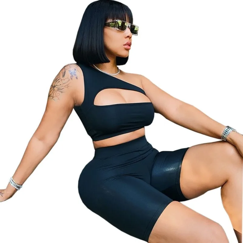 

Women's Elastic Tight Casual Sports Chest Emphasizing Vest High Waist Shorts Two Piece Suit 2 Piece Set Women