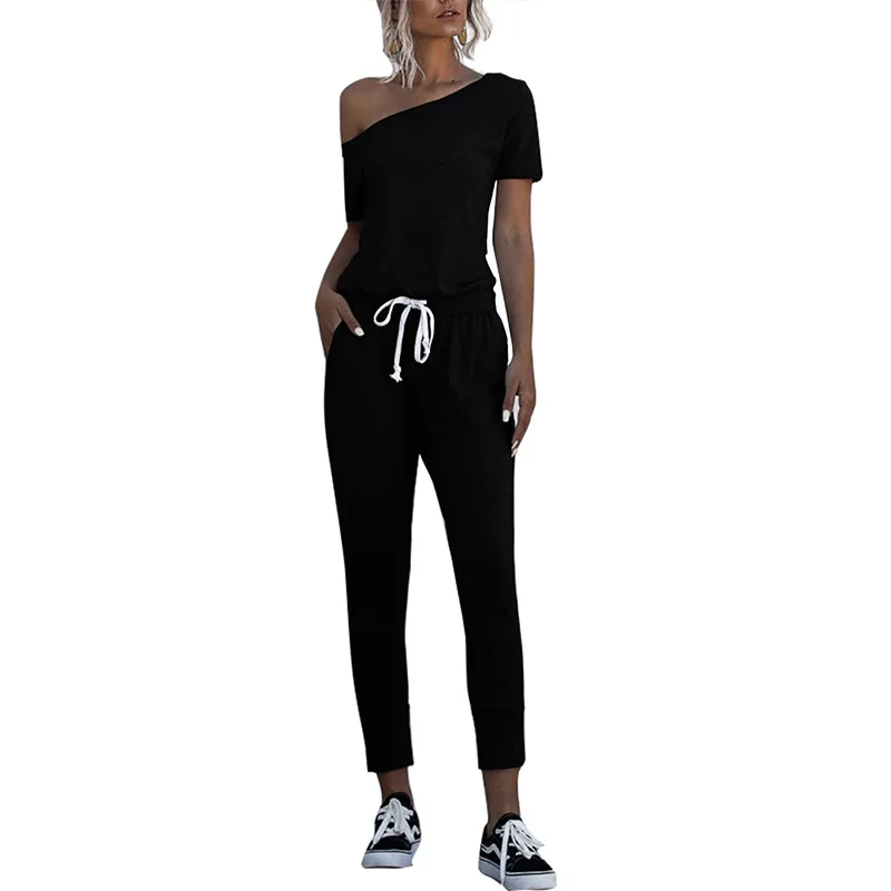 

Fashion Women Summer Solid Color Jumpsuits Drawstring Design Pockets Decor Oblique Collar Short Sleeve Mid Waist Slim Jumpsuits