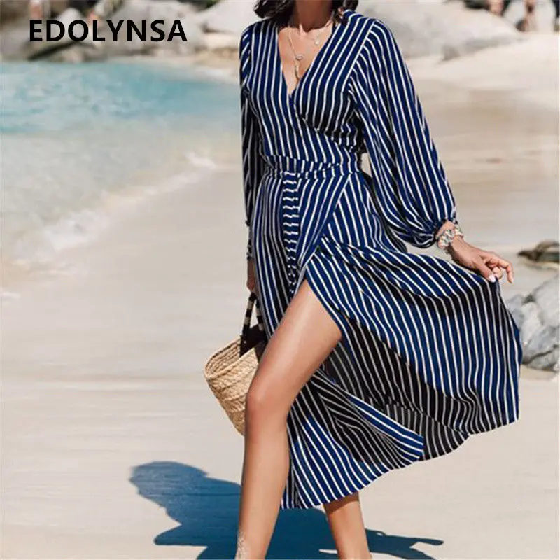 Женское асимметричное платье в полоску элегантное пляжное миди с разрезом