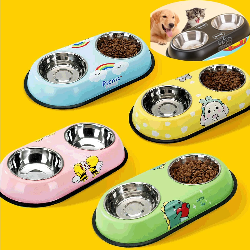 

Pet Dog Duble Bowl Kitten Food Water Feefer Stainless Steel Small Dogs Cats Drinking Dish Feeder for Pet Supplies Feeding Bowls