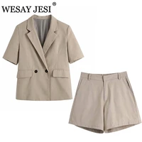 wesay jesi summer blazer women fashion elegant simple solid color short sleeve blazer suits double breasted pocket ladies coats