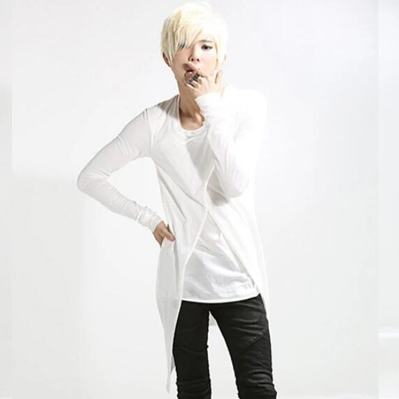 Spring new ultra long paragraph large size long-sleeved round neck T-shirt bottoming shirt hair stylist tide men's slim night cl | Мужская