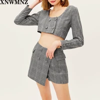 xnwmnz women fashion wool blend plaid skort vintage asymmetrical hem pocket button zipper lined with shorts female chic skirts