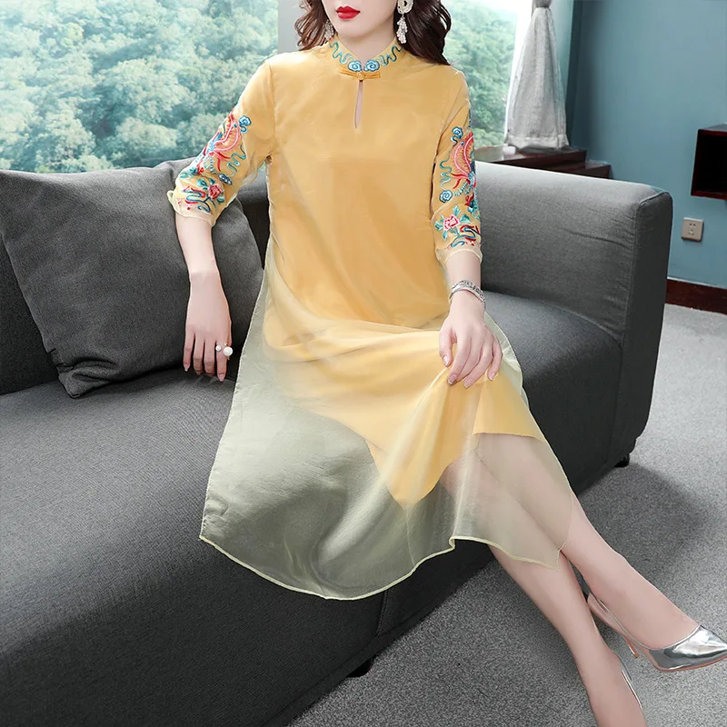 

Dresses Chinese Style Plus Size Dress Women Spring Summer New Embroidery Stand Collar Half Sleeve A-Line Ladies Elegant Dress