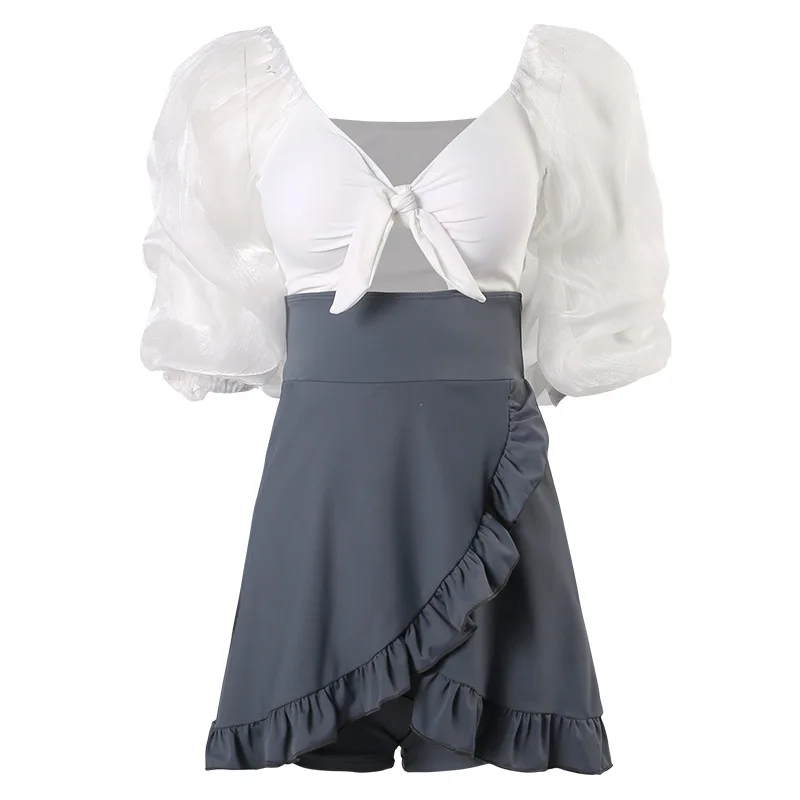 

2021 Plus Size Swimsuit Super Fairy Girl Beachwear Female Bubble Sleeve Slimming Belly Bow Conservative Hot Spring Swimwear