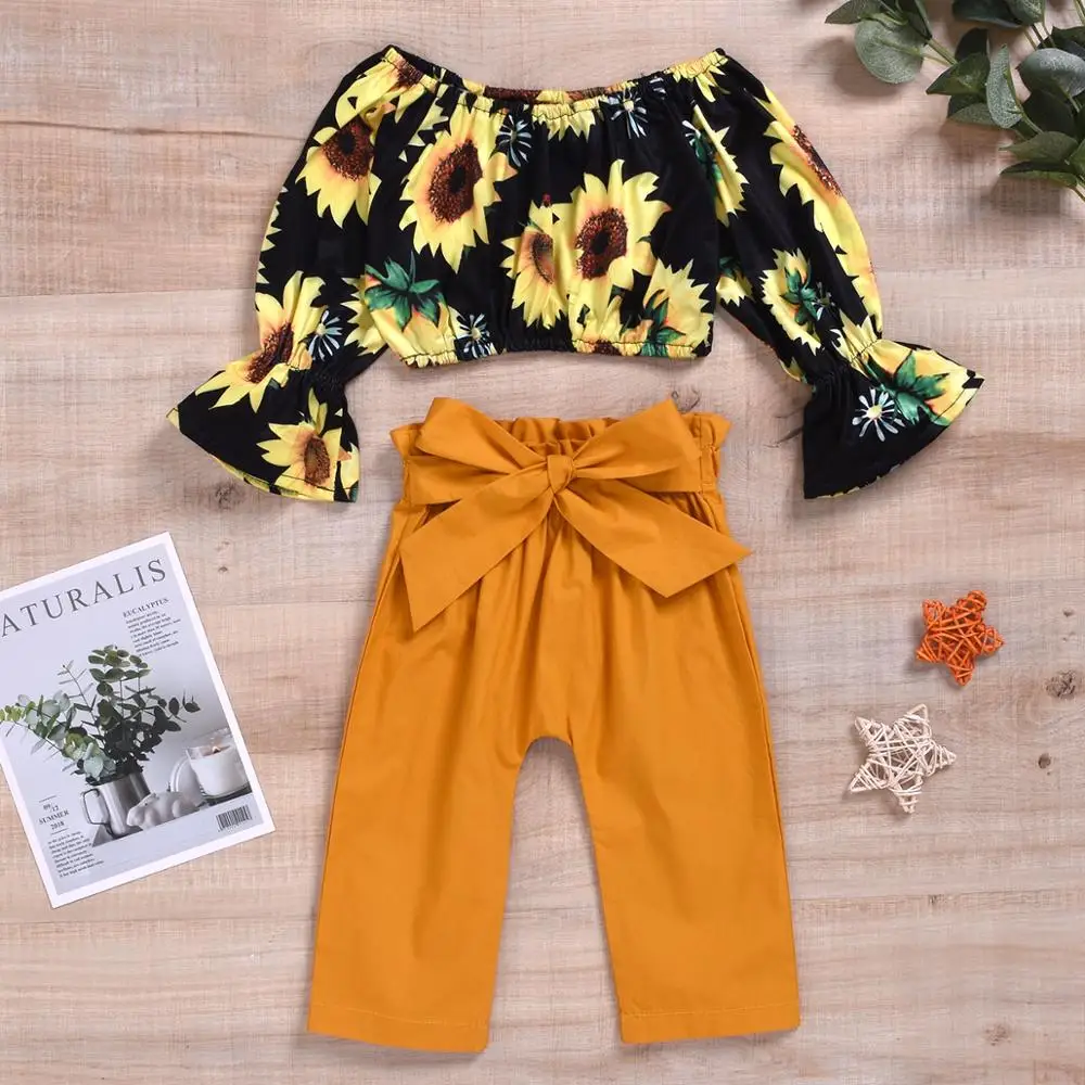 Топы с подсолнухами для девочек штаны длинными рукавами комплекты повседневной