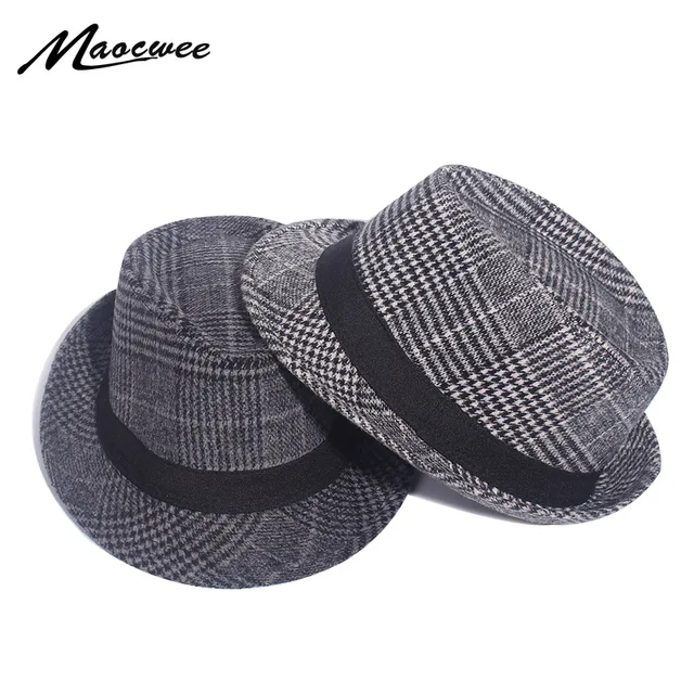 Brand Retro Fedora Hat Faux Woolen Felt Mens Winter Jazz Cap Outdoor Gentleman Top Plaid Pattern Hats Derby Chapeau Fedoras 1