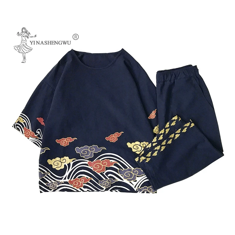 

Summer Printing Japanese Kimono Men Clothing T-shirt Cotton National Style Short-Sleeved Cropped Trousers Male Two-Piece Costume