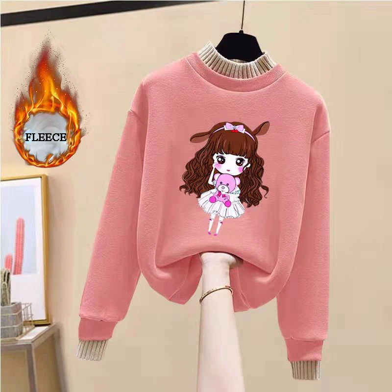 Girls Winter Sweatshirt Thicken Fleece Pullover Tops Fashion Kids Casual Outerwear Teen Lovely Print Underwear Children Clothes