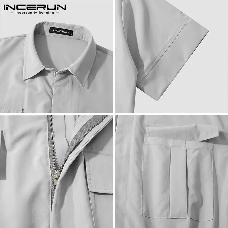 

INCERUN Fashion Men Cargo Overalls Solid Color Joggers Streetwear Lapel Shortsleeve Casual Rompers Multi-pockets Men Jumpsuits