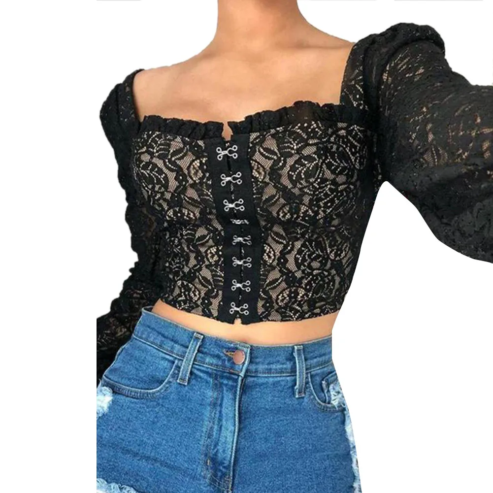 

Women Shirts Sexy Lace Solid Long Sleeve Classical Square Collar Hollow Out Cropped Backless Shirt Spring Autumn Casual Tops