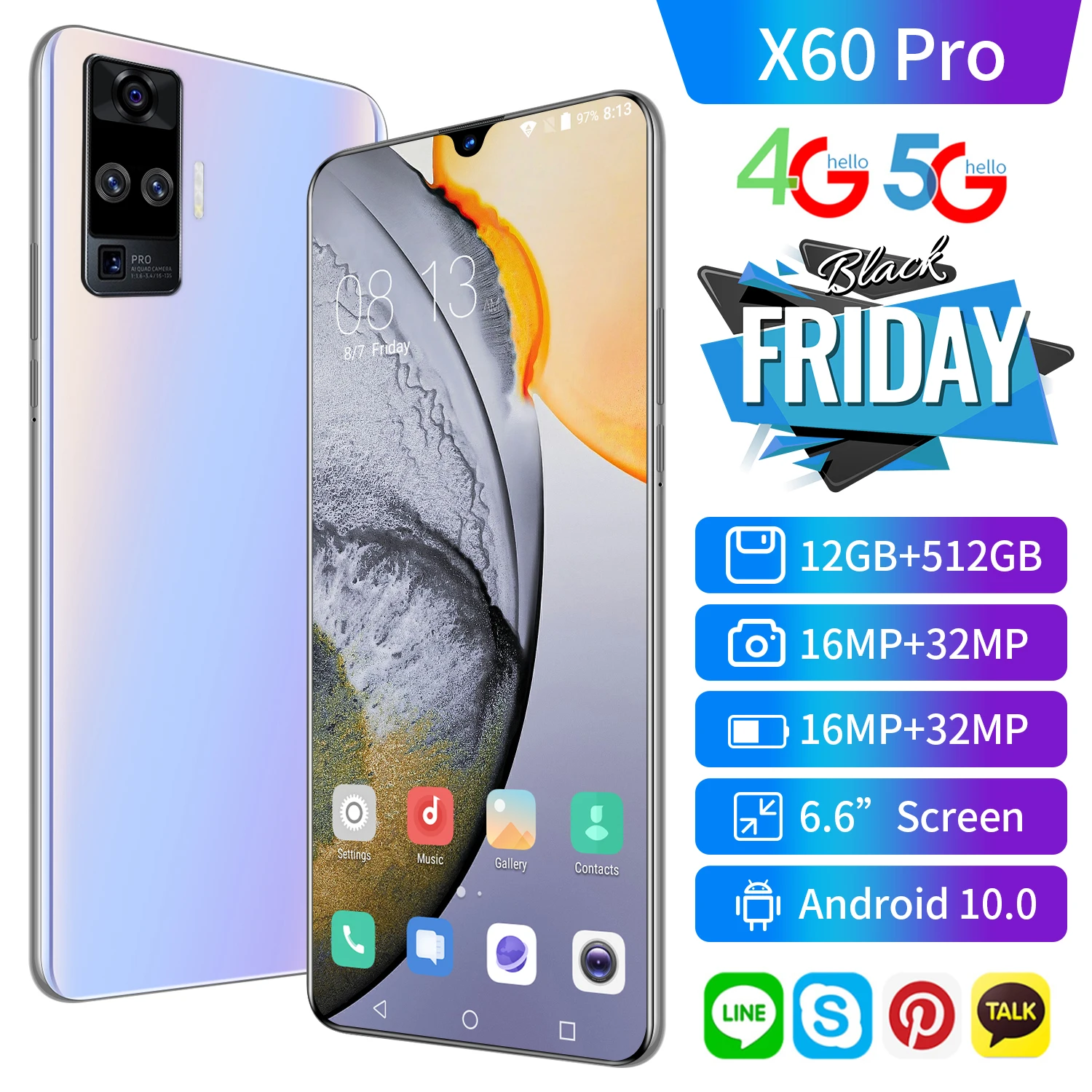 Tel&eacute;fono Inteligente X60 Pro, versi&oacute;n Global, Snapdragon 865, Quad C&Aacute;MARA DE 32MP, 6,6 pulgadas, 512GB + 12GB, 5000mAh, Android 10,0, 5G, LTE-1
