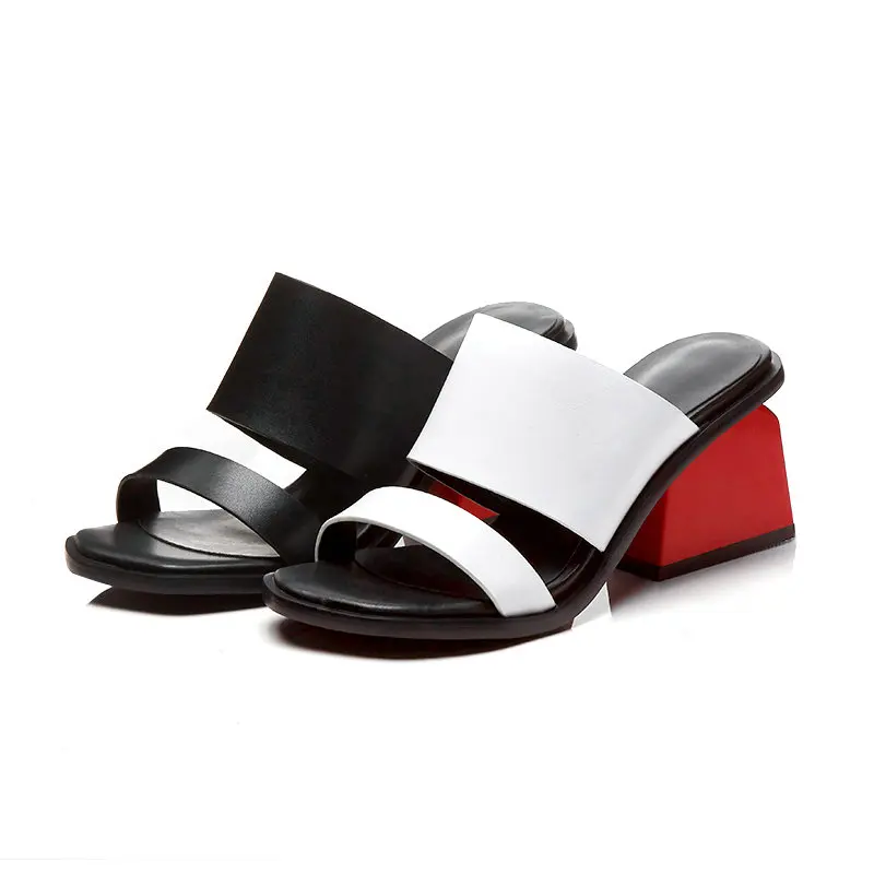 

Genuine Leather Sandal Shoes Black White Rubber Sole Cow Leather Gladiator Sandals Strange Heel High Heels Shoes