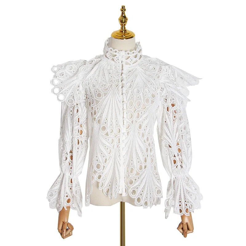 

VGH Design Sense New Fashion Women's Temperament socialite Wind Hollow Gouhua Horn Sleeve Perspective Top Women