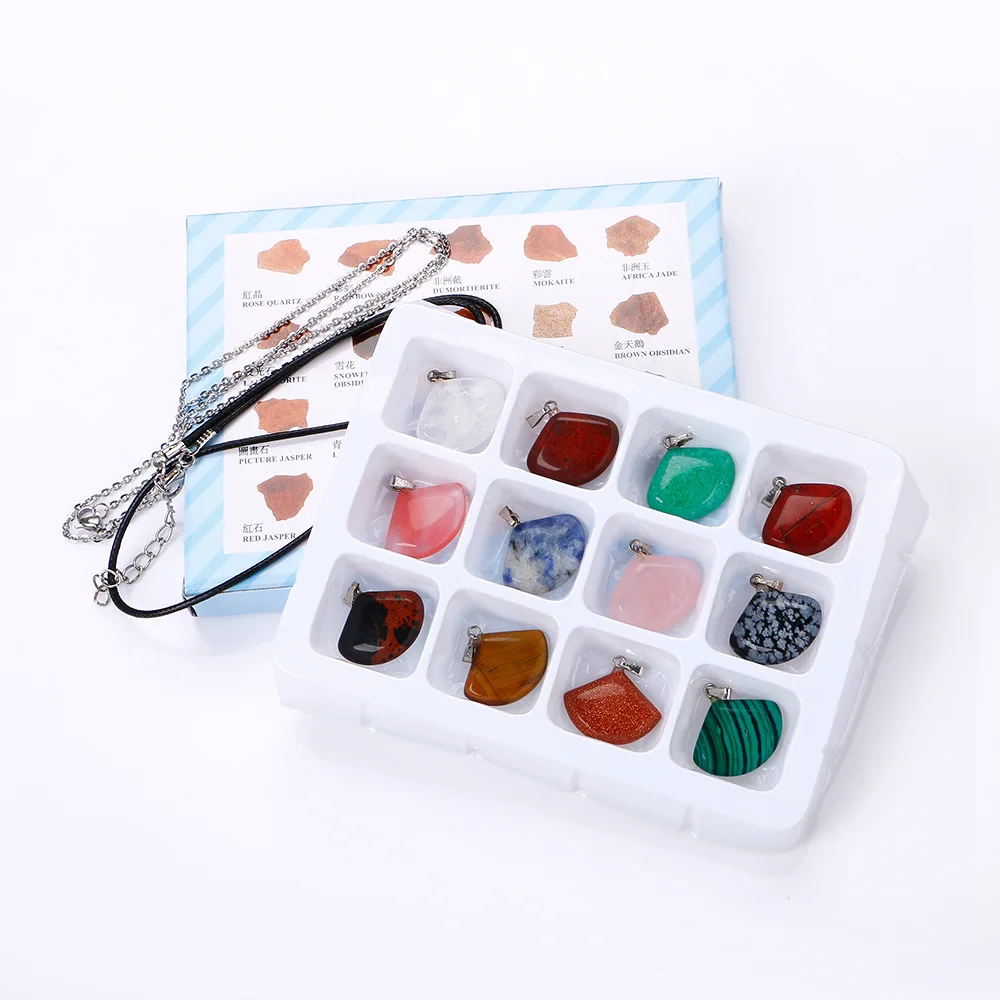 

Natural Stone Necklace Pendant Semi-precious Stone Ladies and Small Fan Pendants for Jewelry DIY Necklace Accessories 12pcs/box